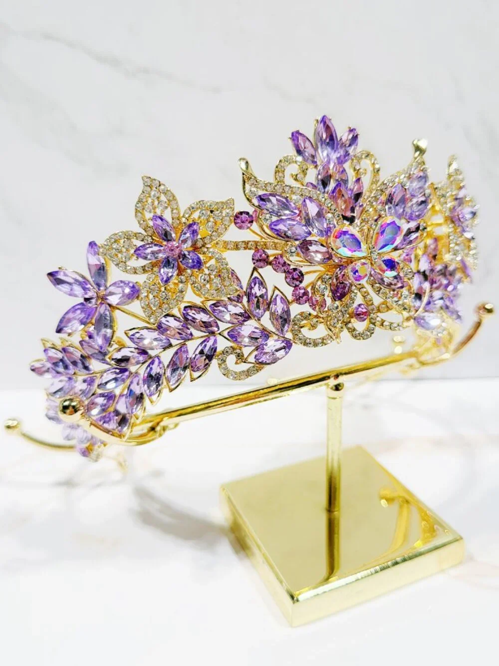 Purple Crystal Butterfly Tiara Crown Gold Tone Pageant Prom Wedding Headpiece